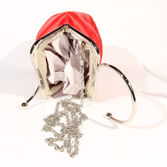 Red Evening Clutch with a Rhinestone Stripe and a Silver-Tone Metal Handle - Picture 5 of 9